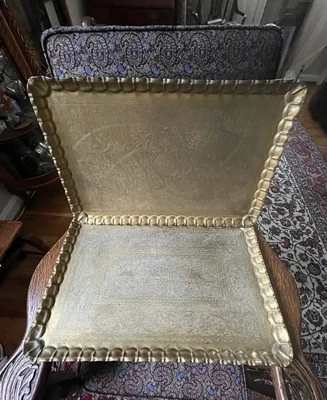 古董大号卡扎尔波斯雕刻书法黄铜托盘 17 X 25 — 第 1/4 张图片