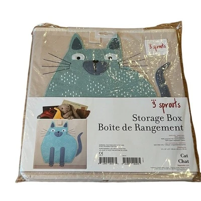 3 Sprouts Children's Fabric Storage Cube Box Soft Toy Bin Blue Cat New 13x13x13” - Image 1 of 4
