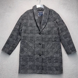 Lucky Brand Coat Womens Medium Gray Plaid Wool Blend Shawl Collar Button Front - Picture 1 of 12