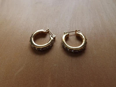 Vintage Small Gold Plated Huggie Hoop Earrings, Clear Crystal Accents - Изображение 1 из 4
