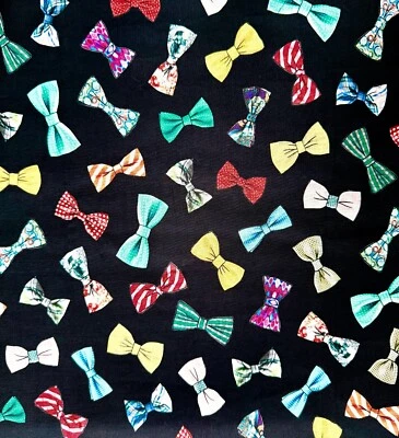 100% COTTON Fabric Material 26"L x 58"W Black with Colorful Bows Made in ITALY! - Image 1 of 4