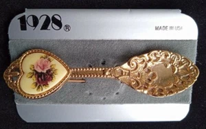 Broche cuchara vintage 1928 prendedor bisutería victoriana rosas tono dorado corazón 3" - Imagen 1 de 5