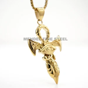 MENDEL Mens Gold Plated Egyptian Ankh Hip Hop Cross Eye Horus Pendant Necklace - Picture 1 of 9