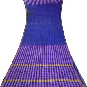 Vintage blauer Sari Seide Baumwolle handgewebt Zari Bordüre südindischer Sari Stoff - Bild 1 von 6