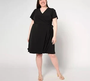 Susan Graver Petite Liquid Knit Faux Wrap Dress Black PXS A646285 - Bild 1 von 10