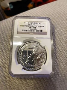 Britannia Mule Error w/ Lunar Horse Obverse 2014 1 oz Silver Coin - NGC MS68 PL - Picture 1 of 9