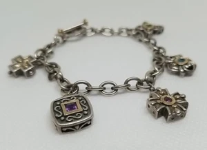 Vintage 14K Gold 925 Silver Gemstones Rolo Toggle Line w/ Gemstones Bracelet - Picture 1 of 19
