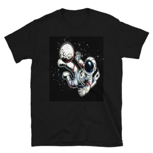 ASTRONAUT KICKING SOCCER BALL MOON FUN GRAPHIC Short-Sleeve Unisex T-Shirt - Picture 1 of 6