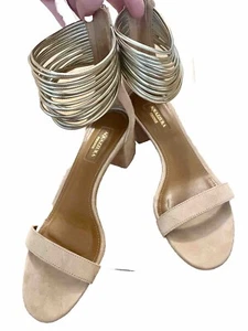 AQUAZZURA Firenze Tan Suede Sandals Gold Ankle Cuff $750 heels Size 37.5 /7.5 - Picture 1 of 10