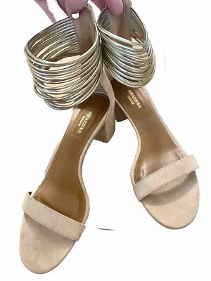 AQUAZZURA Firenze Tan Suede Sandals Gold Strappy Ankle Cuff $750 heels 37.5/ 7.5 - Image 1 of 4