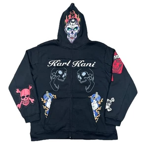 Vintage Y2K Karl Kani Hoodie Full Zip Black Embroidered Spellout Face Zip XXL - Picture 1 of 15