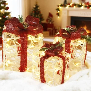 Set of 3 Lighted Gift Boxes Christmas Decorations, Clear Acrylic Present Boxes,  - Picture 1 of 12