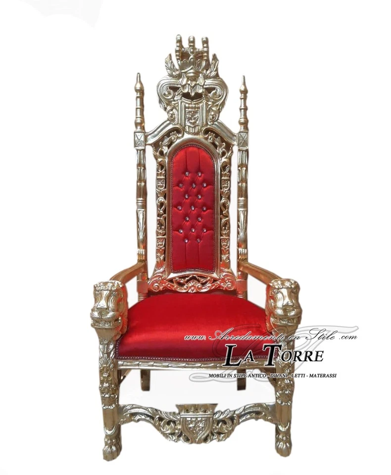 Trono da re con leoni in stile barocco poltrona alta reale foglia argento vellut - Immagine 1 di 1
