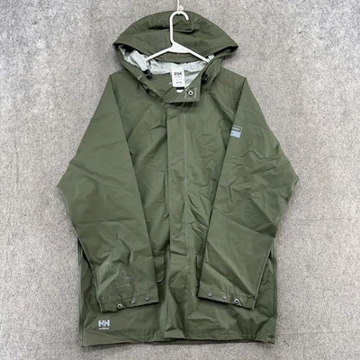 Helly Hansen Jacket Mens Medium Green Rain Coat Hooded PVC Foul Weather Workwear - Image 1 of 4