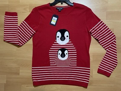 NAUTICA джинсы красный и белый милый пингвины свитер с длинным рукавом женский размер средний  - Изображение 1 из 4