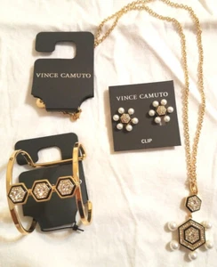 Vince Camuto Gold-Tone Crystals Rhinestone Cuff Bracelet Pearls Necklace Clip AZ - Picture 1 of 12