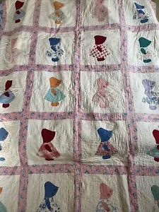 Vintage Sun Bonnet Sue Quilt 64” x 87” Hand stitched Multicolored Dresses Heavy - Picture 1 of 11