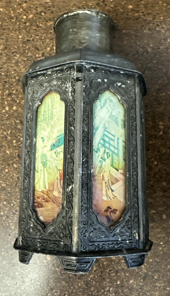 19th C. Chinese Pewter Tea Caddy Flask 7 Panel Reverse Glass Shantou 7” HTF - Image 1 of 4