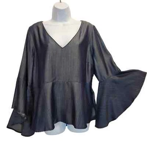 White House Black Market Woman Denim Empire Top Size 14 Bell Long Sleeve Ruffle - Picture 1 of 8