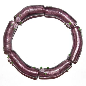 G4147 Purple Foil-Lined with Flower 36mm Curved Tube Lampworked Glass Beads 6pc - Picture 1 of 1