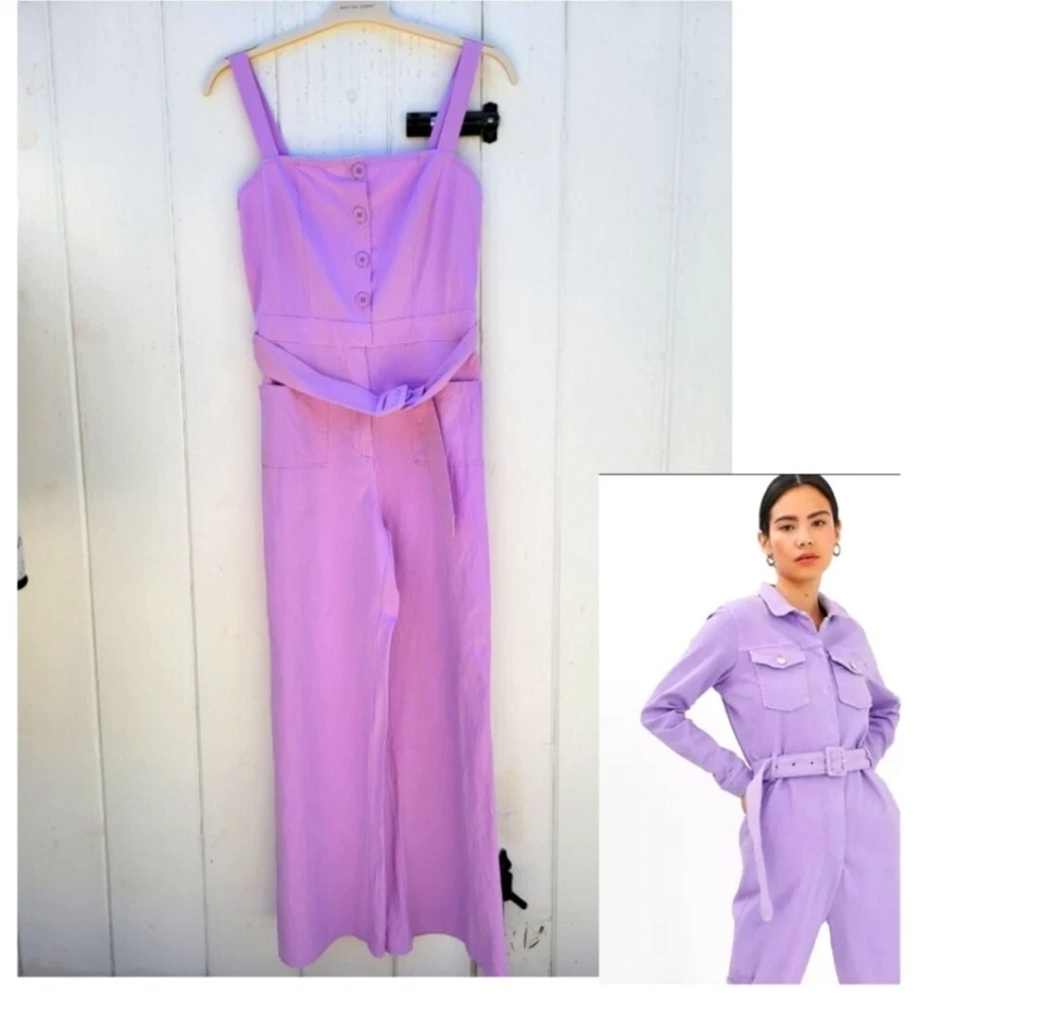 PrettyLittleThing Lilac Belted 100% Cotton Jumpsuit Size 6 - Image 1 of 4