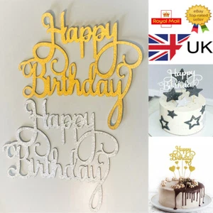 Feliz Cumpleaños Pastel Topper Brillante Plata y Oro Diseños Reino Unido - Imagen 1 de 7