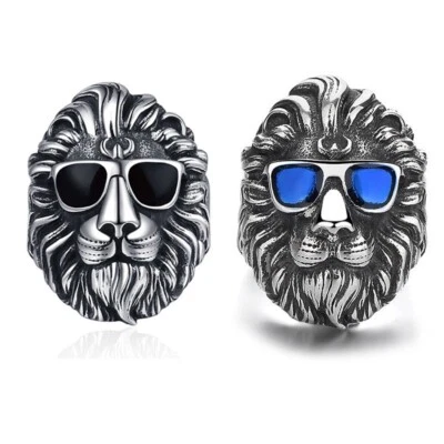 Gothic Black/Blue Sunglasses Lion Ring Stainless Steel Lion Head Cool Biker Ring - Image 1 of 4