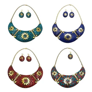 Fashion Jewelry Tibetan Solid Brass Bib Collar Coral Turquoise Necklace Set - Picture 1 of 6