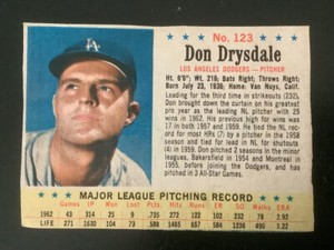 1962 Post Baseball #123 Don Drysdale, Los Angeles Dodgers