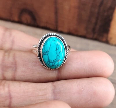Подарок для ее кольца ручной работы из стерлингового серебра 925 пробы с натуральной бирюзой PG3898 - Изображение 1 из 4
