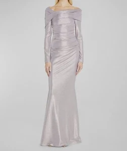 $2451 Talbot Runhof Women Silver Mirrorball Draped Off-Shoulder Gown Dress 2/32 - Picture 1 of 7