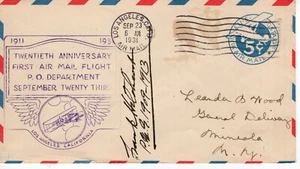 VENTESIMO ANNIVERSARIO 1° VOLO POSTA AEREA, LOS ANGELES, CA 1931 FDC19513 - Foto 1 di 1