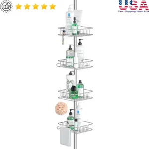 Rustproof Corner Shower Caddy Tension Pole Organizer W/ 4 Adjustable Baskets New - Picture 1 of 7