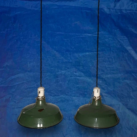 39” Long Antique Pendant Lights With 12” Industrial Green Shades Nice! Cover