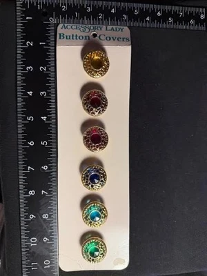 Vintage  6 Button Covers Large Red, Gold,  Emerald Green in Gold Round Buttons - Image 1 of 4