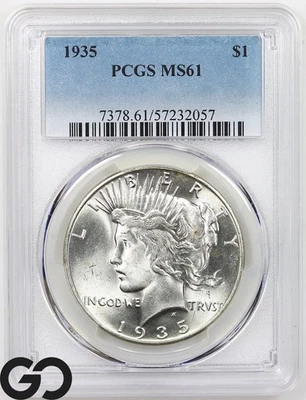 1935 Peace Dollar PCGS MS-61 ** Tougher MS Coin ** Blast White PQ Blazer! - Image 1 of 3