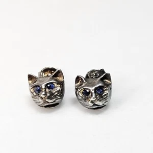 Sterling Silber Katzengesicht Kopf Ohrringe 925 Pfosten Ohrstecker blaue Augen süß - Bild 1 von 9