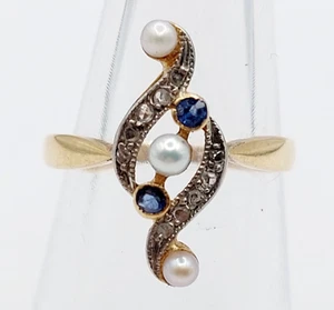 Anillo marquesa antiguo oro 18k perlas, diamante talla rosa y zafiro (alreded... - Imagen 1 de 9