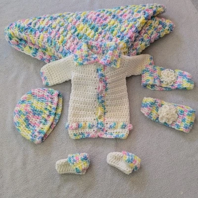 Hand Crocheted Pastels Baby Blanket Hat Booties acrylic Yarn Washable 33"x38 - Image 1 of 4