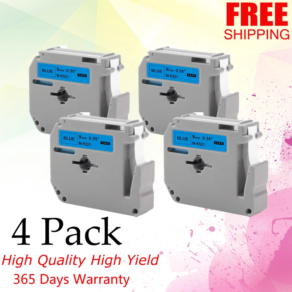 Cinta de etiquetas 4 PK negra sobre azul 3/8" x 26,2' para Brother M-K521 para PT-65 70 80 Foto 1 de 1