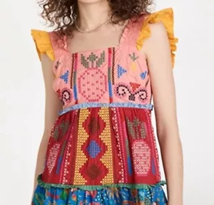 Farm Rio Anthropologie Gr. S Mini Sommerkleid Boho bestickt Colorblock Festival - Bild 1 von 13