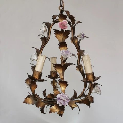 ANTIQUE ITALIAN GILT TOLE CHANDELIER CEILING LIGHT 3 ARMS PORCELAIN FLOWERS VTG Cover