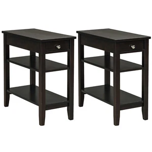 3-Tier 2PCS Side End Table w/Drawer Double Shelf Narrow Nightstand Espresso - Picture 1 of 10