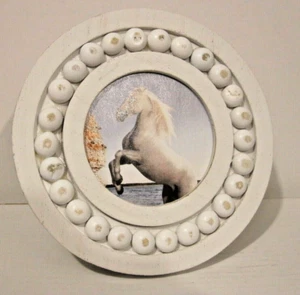 White Beaded 3X3" Distressed Round Wood Photo Picture Frame Country Style - Picture 1 of 4