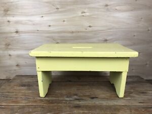 VTG Antique Primitive Wood Yellow Painted Step Foot Stool Cottagecore Shabby
