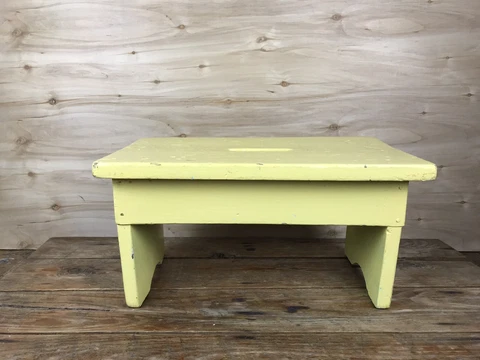 VTG Antique Primitive Wood Yellow Painted Step Foot Stool Cottagecore Shabby Cover