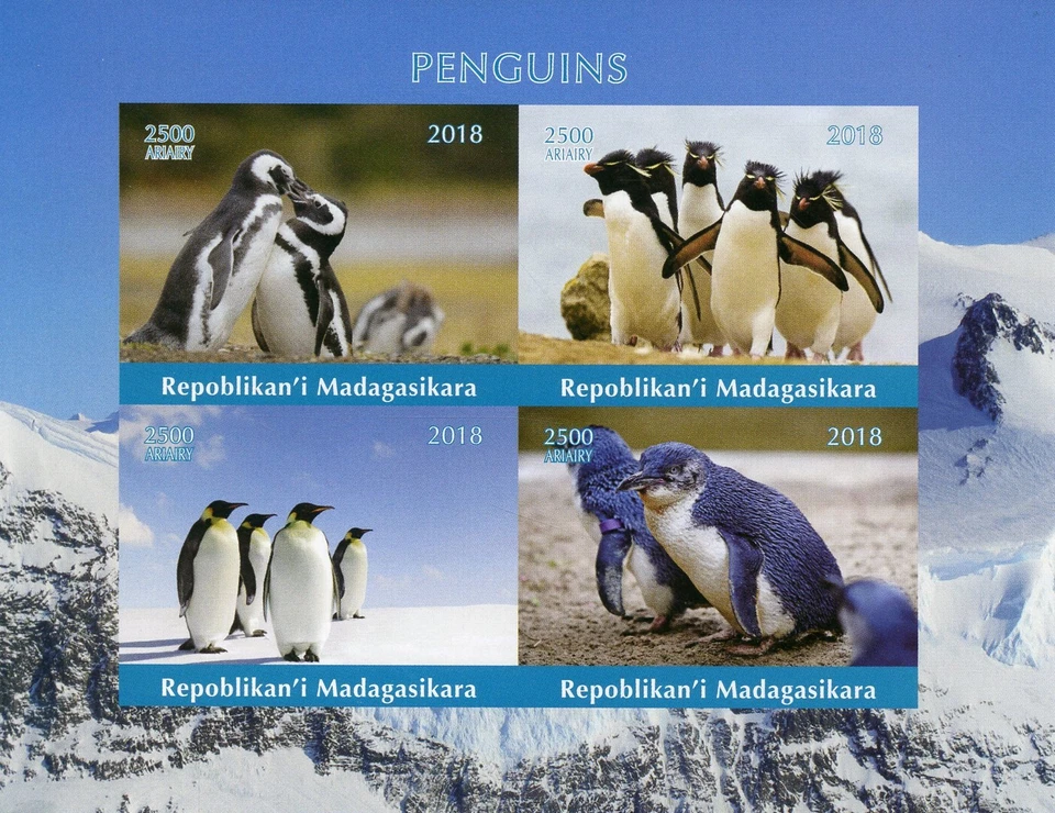 Madagascar 2018 MNH Penguins Emperor Penguin 4v IMPF M/S Birds Bird Stamps - Image 1 of 1
