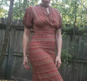 Vtg 1930s 40s Movie Star Wiggle Dress High Keyhole Neck Puff Sleeve Midi Rust XS - Picture 1 of 24