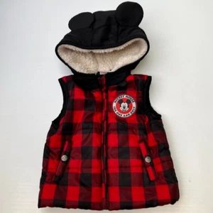 Disney Jacket Boy 24 Mickey Mouse Plaid Sleeveless Vest Hood Pockets 2T Core Ex - Picture 1 of 9