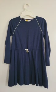 Boden Girls 8-9 Y Blue Long Sleeves Drawstring Waist Gold Trim Skater Dress - Picture 1 of 8